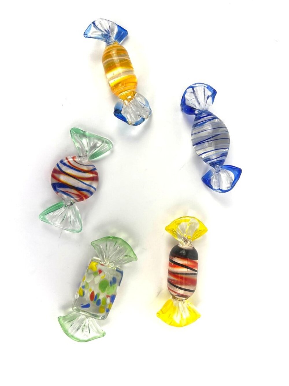 Murano Handmade Glass Candy Figurines Set Of 5 Multicolor Striped & Speckled
